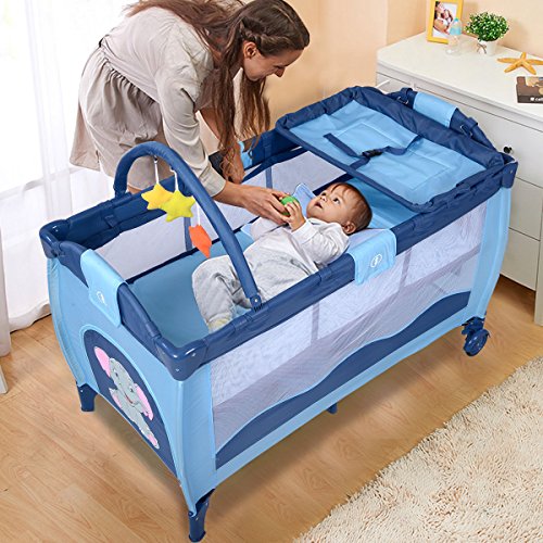 0740933662608 - NEW BLUE BABY CRIB PLAYPEN PLAYARD PACK TRAVEL INFANT BASSINET BED FOLDABLE
