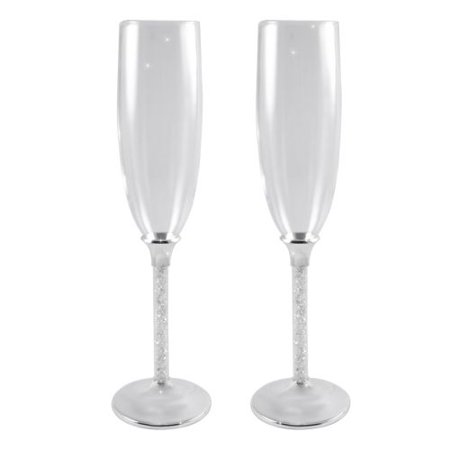 0741459723101 - ELEGANT PAIR OF CHAMPAGNE FLUTES / GLASS 10 INCH WITH CRYSTAL-FILLED STEM (1300PCS OF GENUINE CRYSTALS) IN SILVER LACQUER PLATING)