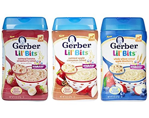 0741533908684 - GERBER LIL' BITS BABY CEREAL VARIETY BUNDLE: OATMEAL BANANA STRAWBERRY, WHOLE WHEAT CEREAL APPLE BLUEBERRY, OATMEAL APPLE CINNAMON CEREAL, 8 OZ. EACH (TOTAL OF 6 LIL' BITS CEREAL BOXES)
