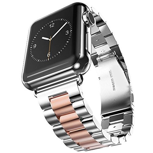 0742010629450 - APPLE WATCH BAND,NEWEST SOLID STAINLESS STEEL METAL REPLACEMENT 3 POINTERS WATCHBAND BRACELET WITH DOUBLE BUTTON FOLDING CLASP FOR APPLE WATCH IWATCH (SILVER+ROSE GOLD 42MM)