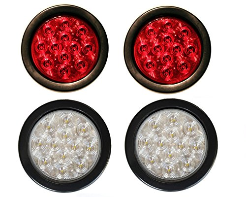 0742128353209 - 2 RED + 2 WHITE 4 ROUND LED STOP TURN TAIL BACK-UP REVERSE FOG LIGHTS INCLUDE LIGHTS GROMMET PLUG FOR TRUCK TRAILER RV