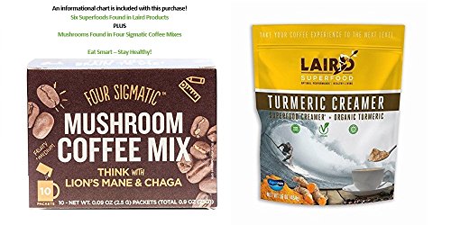 0742137716736 - FOUR SIGMATIC MUSHROOM COFFEE MIX WITH LIONS MANE AND CHAGA BOX OF 10 PACKETS AND LAIRD SUPERFOOD ORGANIC TURMERIC CREAMER 16 OUNCES PLUS SUPER FOOD INFORMATION SHEET