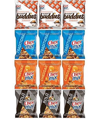 0742415005866 - CHEX MIX BRAND SNACKS VARIETY 12 PACK - ASSORTMENT FEATURING MUDDY BUDDIES, TRADITIONAL, CHEDDAR & BOLD PARTY MIX 1.75OZ BAGS 12 BAGS TOTAL