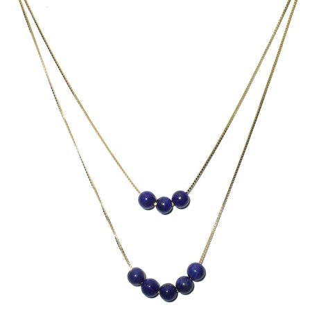 0742574114447 - 2-STRAND BLUE LAPIS STONE 18K GOLD-FLASHED STERLING SILVER BOX CHAIN NECKLACE 16”+2”