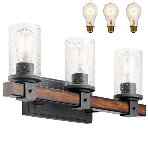 7426793375386 - KICHLER LIGHTING BARRINGTON 3-LIGHT 9-IN DISTRESSED BLACK AND WOOD CYLINDER VANITY LIGHT AND 3 EXTRA BULBS ( TOUCAN CITY EXCLUSIVE)