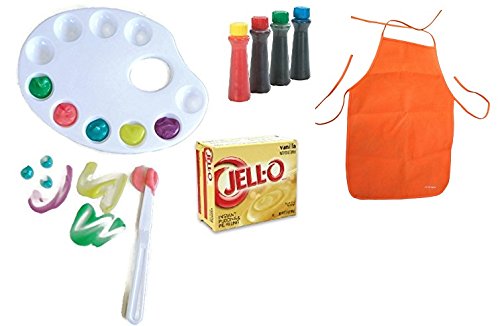 7427157590506 - JELL-O PUDDING FINGER PAINT FUN SET BUNDLE - 4 ITEMS - ARTIST PALETTE WITH TOOLS, REUSABLE FABRIC APRON, JELLO PUDDING MIX AND FOOD COLORING. EDIBLE FINGER PAINTS!!