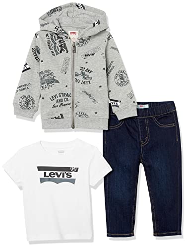 0742728661032 - LEVIS BABY BOYS GRAPHIC T-SHIRT, HOODIE AND DENIM 3-PIECE OUTFIT SET, GREY/TWIN PEAKS, 4T