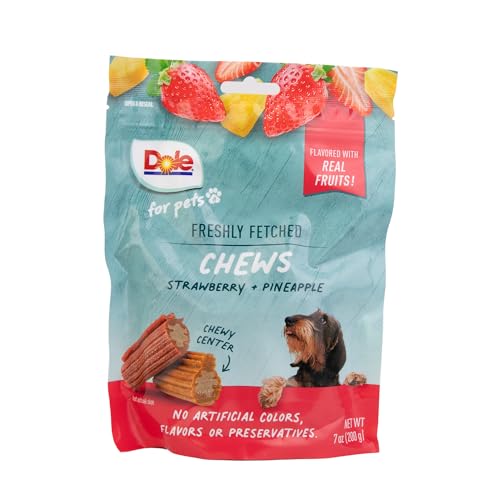 0742797029900 - DOLE FOR PETS FRESHLY FETCHED DOG CHEWS, ASSORTED STRAWBERRY & PINEAPPLE FLAVOR DOG TREATS, 7OZ | FLAVORED WITH REAL FRUITS, NO WHEAT, CORN, SOY, ARTIFICIAL FLAVORS, COLORS, OR PRESERVATIVES