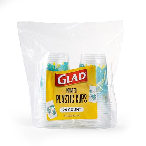 0742797036496 - GLAD EVERYDAY CLEAR PLASTIC CUPS WITH PALM LEAF PRINT 18OZ, 24CT | CLEAR PLASTIC CUPS WITH PALM LEAVES, 24 COUNT | STRONG AND STURDY PLASTIC CUPS FOR ALL OCCASIONS, HOLDS 18 OUNCES