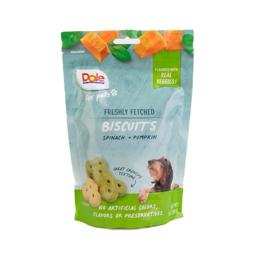 0742797043654 - DOLE FOR PETS FRESHLY FETCHED DOG BISCUITS, SPINACH & PUMPKIN FLAVOR DOG TREATS, 7OZ | FLAVORED WITH REAL VEGGIES, NO WHEAT, CORN, SOY, ARTIFICIAL FLAVORS, COLORS, PRESERVATIVES, OR ANIMAL PRODUCTS