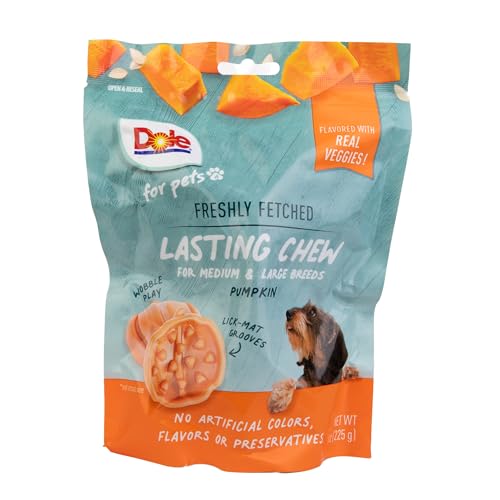 0742797054117 - DOLE FOR PETS FRESHLY FETCHED LASTING CHEW, PUMPKIN FLAVOR DOG TREATS, 8OZ, 5CT | FLAVORED WITH REAL VEGGIES, NO WHEAT, CORN, SOY, ARTIFICIAL FLAVORS, COLORS, PRESERVATIVES, OR ANIMAL PRODUCTS