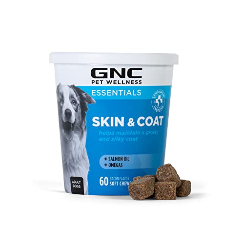 0742797901275 - GNC PETS ESSENTIALS, SKIN & COAT, ALL DOG 60CT 2.2G SOFT CHEWS | SKIN & COAT SOFT CHEWS FOR DOGS IN BACON FLAVOR | DOG SUPPLEMENT WITH SALMON OIL, OMEGA FATTY ACIDS, AND EPA & DHA FOR SKIN AND COATS