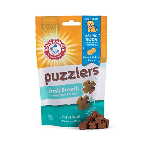 0742797917429 - ARM & HAMMER FOR PETS PUZZLERS TRAINING DENTAL TREATS FOR DOGS | DOG BREATH FRESHENER WITH ARM AND HAMMER BAKING SODA | PEANUT BUTTER DOG TREATS FOR TRAINING & TARTAR CONTROL, 3 OZ DOG TREAT BAG