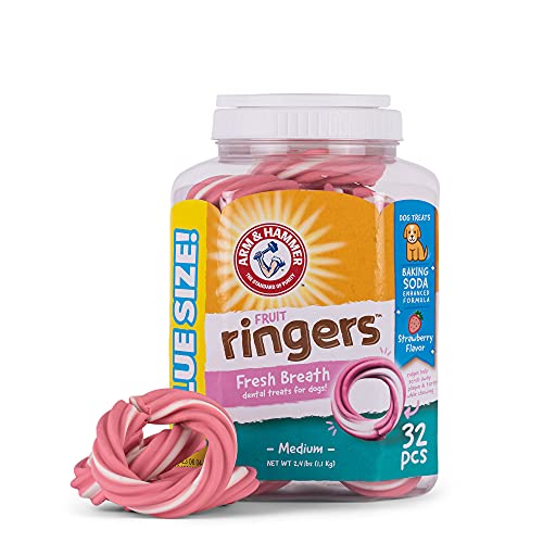 0742797926629 - ARM & HAMMER FOR PETS RINGERS DENTAL TREATS FOR DOGS | DOG DENTAL CHEWS FIGHT BAD BREATH & TARTAR WITHOUT BRUSHING | FRUITY STRAWBERRY FLAVOR DOG TREAT CONTAINER, 32-CT DENTAL DOG CHEWS VALUE BUCKET