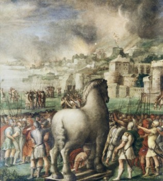 7429727633675 - TROJAN HORSE, NICCOLO DELL' ABATE (CA. 1512-1571 ITALIAN) , TEMPERA ON WOOD PANEL POSTER PRINT (18 X 24)
