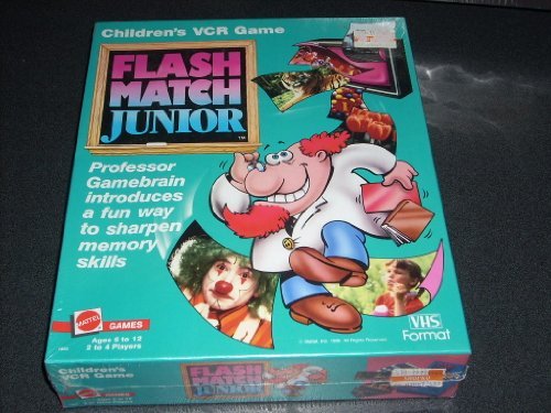 0074299018534 - FLASH MATCH JUNIOR CHILDREN'S VCR GAME. VHS FORMAT. PROFESSOR GAMEBRAIN INTRODUCES A FUN WAY TO SHARPEN MEMORY SKILLS. 1986 MATTEL GAMES. MODEL NO. 1853. AGES 6 TO 12. 2 TO 4 PLAYERS.