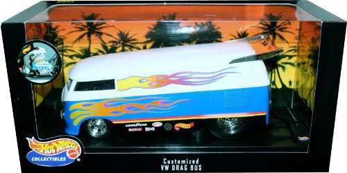 0074299264160 - CUSTOMIZED VW DRAG BUS * WHITE & BLUE * 1:18 SCALE HOT WHEELS COLLECTIBLES DELUXE VEHICLE & DISPLAY BASE