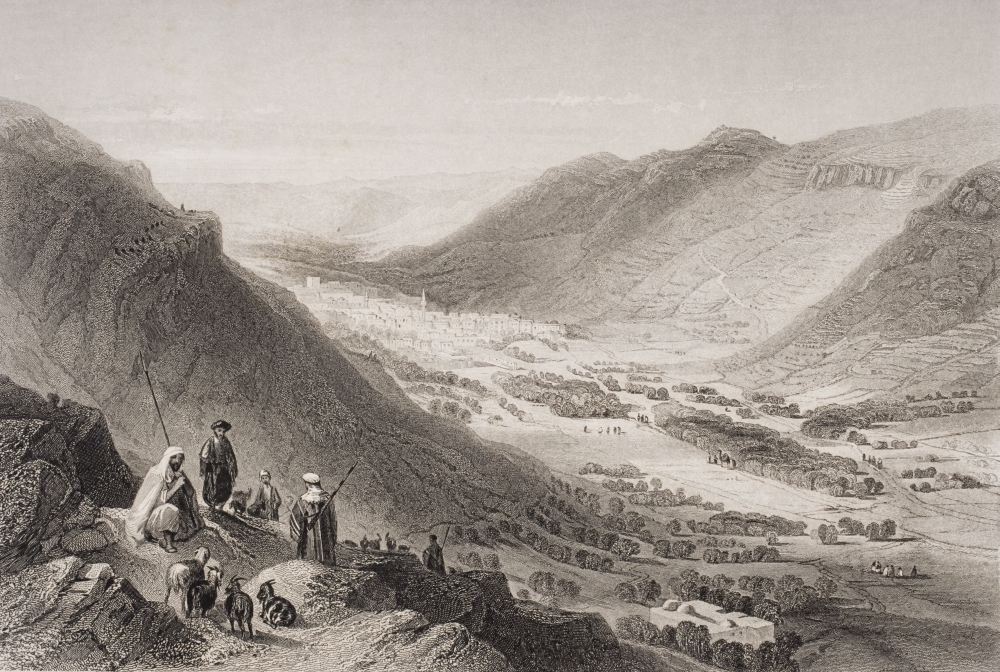 7430034997954 - VALLEY OF SICHEM AND NABLOUS FROM MOUNT GERIZIM, PALESTINE, ENGRAVED BY J.C. BENTLEY AFTER W.H. BARTLETT PRINT (18 X 12)