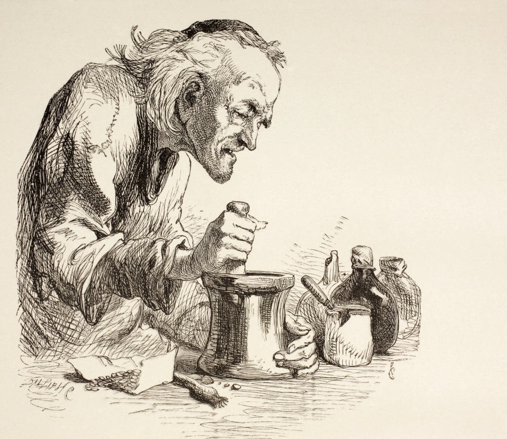 7430037919953 - AN APOTHECARY GRINDING HERBS. FROM THE ILLUSTRATED LIBRARY SHAKSPEARE, PUBLISHED LONDON 1890. POSTER PRINT (15 X 13)