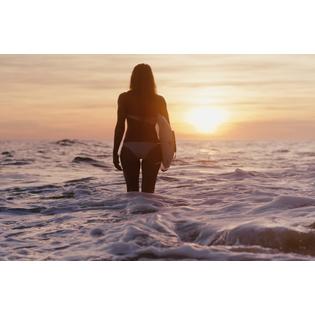 7430041772797 - A WOMAN STANDING IN THE OCEAN HOLDING A SURFBOARD AT SUNSET;CANOS DE MECA CADIZ ANDALUSIA SPAIN POSTER PRINT (38 X 24)