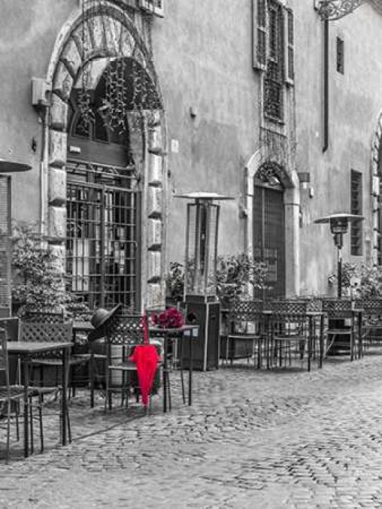 7430046670685 - RED UMBRELLA WITH FEMALE HAT AND BUNCH OF ROSES ON CAFE TABLE, ROME, ITALY POSTER PRINT BY ASSAF FRANK (9 X 12)
