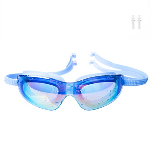 0743062544753 - SWIM GOGGLES WITH EAR PLUGS -MIRRORED ANTI-FOG &SILICONE CLIP STRAP.INCLUDED FREE PROTECTION CASE (BLUE)