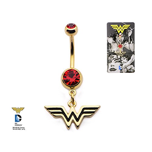 0743074931381 - 14G 7/16 GOLD PVD PLATED NAVEL WITH RED CZ AND WONDER WOMAN LOGO DANGLE CHARM
