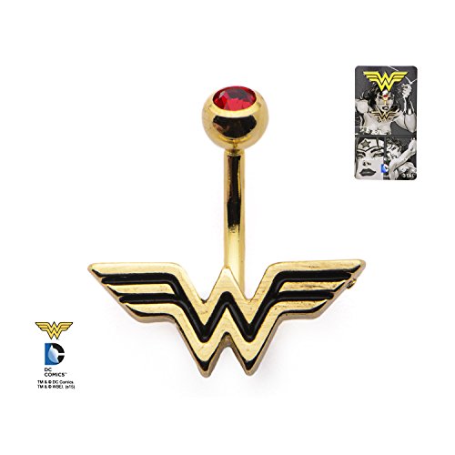 0743074931411 - 14G 3/8 GOLD PLATED NAVEL WITH RED CZ AND WONDER WOMAN LOGO BELLY RING BODY PIERCING JEWELRY