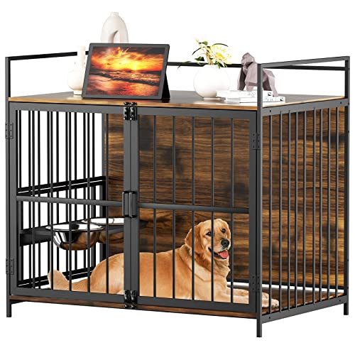 0743127235336 - ROOMTEC DOG CRATE FURNITURE-STYLE CAGES FOR LARGE DOGS INDOOR HEAVY DUTY SUPER STURDY DOG KENNELS WITH 2 STAINLESS STEEL BOWLS (48INCH = INT.DIMS: 46 W X 29 D X 35.5 H)