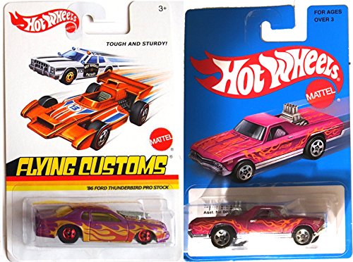 0743167366519 - HOT WHEELS FLAMES FORD THUNDERBIRD & '68 EL CAMINO HERITAGE BLUE CARD 2016 ON FIRE CAR SET - PIPES FLYING CUSTOMS PRO STOCK PURPLE RACERS IN PROTECTIVE CASES