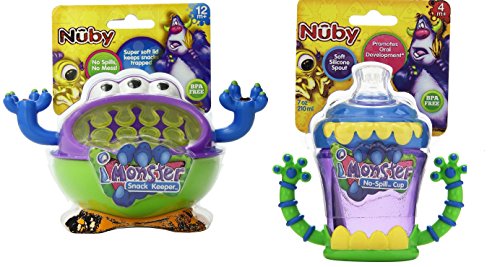 0743724549935 - NUBY 3D MONSTER BUNDLE, 2 HANDLE NO SPILL SUPER SPOUT, 7 OUNCE, AND SNACK KEEPER, MONSTER