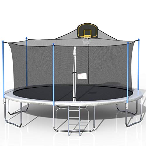 0744119137836 - 16FT TRAMPOLINE FOR KIDS, OUTDOOR TRAMPOLINE WITH SAFETY ENCLOSURE NET BASKETBALL HOOP AND LADDER, TRAMPOLINE FOR ADULTS (SILVER)