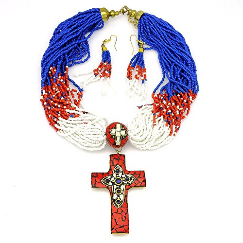 0744633620883 - FASHIONATION CROSS DESIGN CHUNKY HEAVY BEAD NECKLACE FAITH FASHION JEWELRY WOMEN'S NECKLACE EARRING SET MULTI DESIGN CHOOSE YOUR STYLE (INLAID-MULTIBEAD-RED-CROSS)