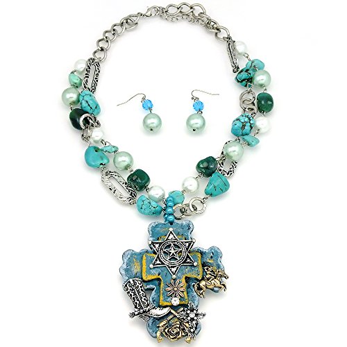 0744633621217 - FASHIONATION CROSS , ANGEL WINGS , WESTERN , ENAMEL INALAID DESIGN CHUNKY HEAVY BEAD NECKLACE FAITH FASHION JEWELRY WOMEN'S NECKLACE EARRING SET MULTI DESIGN CHOOSE YOUR STYLE (WESTERN CROSS BOOT HORSE)