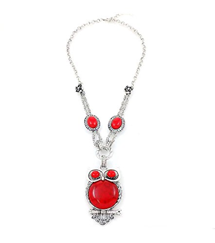 0744633622016 - FASHIONATION OWL DESIGN RED STONE TRENDY STATEMENT NECKLACE EARRING SET