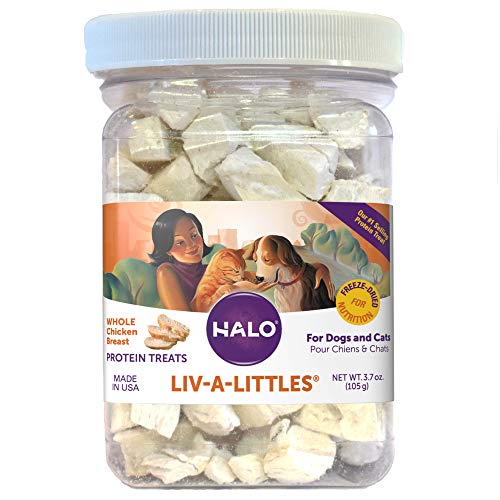 0745158900122 - HALO LIV-A-LITTLES GRAIN FREE NATURAL DOG AND CAT TREATS - 3.7 OZ FREEZE DRIED CHICKEN BREAST - REAL WHOLE MEAT PET TREATS IN PORTABLE JAR - SUSTAINABLY SOURCED, LOW CALORIE, AND GREAT FOR TRAINING