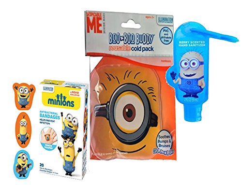 0745313062467 - DESPICABLE ME MINIONS SAFETY FIRST BOO BOO BUDDY RESUABLE COLD PACK SOOTHES BUMPS & BRUISES & BAND-AID BRAND MINIONS ADHESIVE BANDAGES! PLUS BONUS MINION 2OZ ANTI BACTERIAL HAND SANITIZER