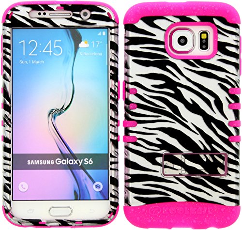 0745369107372 - WIRELESS FONES TM SAMSUNG GALAXY S6 DUAL LAYER HYBRID IMPACT RESISTANT PROTECTIVE KICKSTAND COVER CASE BLACK AND SILVER ZEBRA SNAP ON OVER PINK GLITTER SKIN