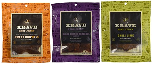0745495602819 - KRAVE GLUTEN FREE ALL-NATURAL JERKY 3 FLAVOR VARIETY BUNDLE: KRAVE SWEET CHIPOTLE BEEF JERKY, KRAVE CHILI LIME BEEF JERKY, AND KRAVE BLACK CHERRY BARBEQUE SEASONED PORK JERKY, 3.25 OZ. EA. (3 POUCHES TOTAL)