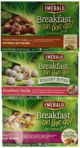 0745495604080 - EMERALD BREAKFAST ON THE GO! NUT AND GRAIN BLENDS 3 FLAVOR VARIETY BUNDLE: EMERALD MAPLE & BROWN SUGAR OATMEAL NUT BLEND, EMERALD STRAWBERRY VANILLA YOGURT GRANOLA BITES, AND EMERALD BERRY NUT BLEND NUT & GRANOLA MIX, 6.25-7.5 OZ. EA. (3 BOXES TOTAL)