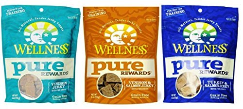 0745495604486 - WELLNESS PURE REWARDS GRAIN FREE ALL-NATURAL TENDER JERKY BITS FOR DOGS 3 FLAVOR VARIETY BUNDLE: PURE REWARDS VENISON JERKY BITS, PURE REWARDS VENISON & SALMON JERKY BITS, AND PURE REWARDS TURKEY & SALMON JERKY BITS, 6 OZ. EA. (3 BAGS TOTAL)