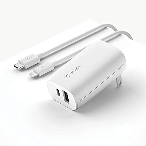 0745883835614 - BELKIN 37W PPS PD DUAL PORT WALL CHARGER WITH USB-C TO LIGHTNING CABLE INCLUDED, POWER DELIVERY 25W USB C PORT AND 12W USB A PORT FOR FAST CHARGING GALAXY S21, ULTRA, PLUS, IPHONE AND MORE