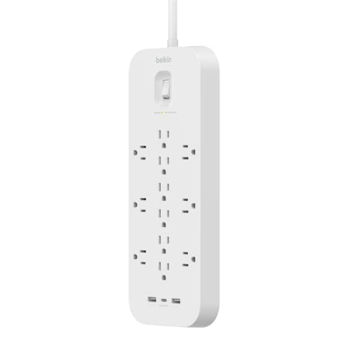 0745883843473 - BELKIN 12 OUTLET SURGE PROTECTOR, CHARGE AND POWER UP TO 15 DEVICES WITH 12 AC OUTLETS, 2 USB A PORTS, AND 1 USB TYPE C PORT, 6FT CABLE, OVERLOAD AND OVERVOLTAGE PROTECTION, AND ON/OFF SWITCH