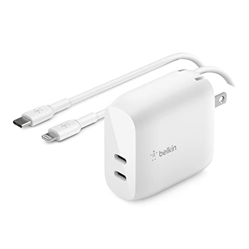 0745883844357 - BELKIN 40W USB TYPE C PD WALL CHARGER, DUAL USB-C PORTS, FAST POWER DELIVERY ENABLED CHARGING FOR IPHONE 13, 13 PRO, 13 PRO MAX, 12, 12 PRO, 12 PRO MAX, MINI, IPAD PRO, GALAXY, AND MORE (2-PACK)