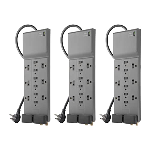 0745883848843 - BELKIN POWER STRIP SURGE PROTECTOR - 12 AC MULTIPLE OUTLETS & 8 FT LONG FLAT PLUG HEAVY DUTY EXTENSION CORD FOR HOME, OFFICE, TRAVEL, COMPUTER DESKTOP, LAPTOP & PHONE CHARGING BRICK (3,940 JOULES) 3PK