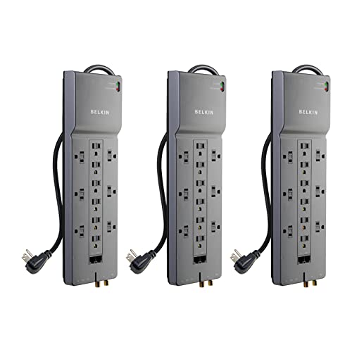 0745883848850 - BELKIN 12-OUTLET POWER STRIP SURGE PROTECTOR WITH 10-FOOT CORD AND TELEPHONE, ETHERNET, COAXIAL PROTECTION, BE112234-10, GRAY - 3 PACK