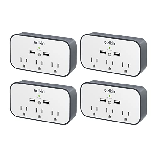0745883848898 - BELKIN WALL MOUNT SURGE PROTECTOR - 3 AC MULTI OUTLETS & 2 USB PORTS - FLAT ROTATING PLUG SPLITTER - WALL OUTLET EXTENDER FOR HOME, OFFICE, TRAVEL, COMPUTER DESKTOP & CHARGING BRICK (918 JOULES) 4PK