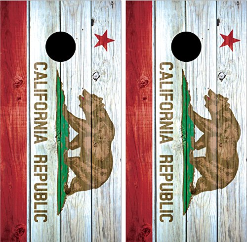 0746060559057 - CALIFORNIA STATE FLAG DISTRESSED WOOD LAMINATED CORNHOLE BOARD DECAL WRAP WRAPS