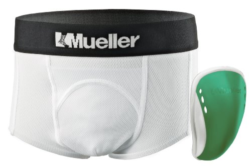 0074676582115 - MUELLER SPORTS MEDICINE PEEWEE ATHLETIC SUPPORT BRIEF WITH FLEX SHIELD CUP, WHITE/GREEN, LARGE