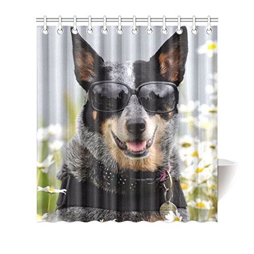 7467801287680 - BATHROOM WATERPROOF FABRIC POLYESTER FUNNY DOG WEARING GLASSES SHOWER CURTAINS WITH 12 HOLES (66 X 72)